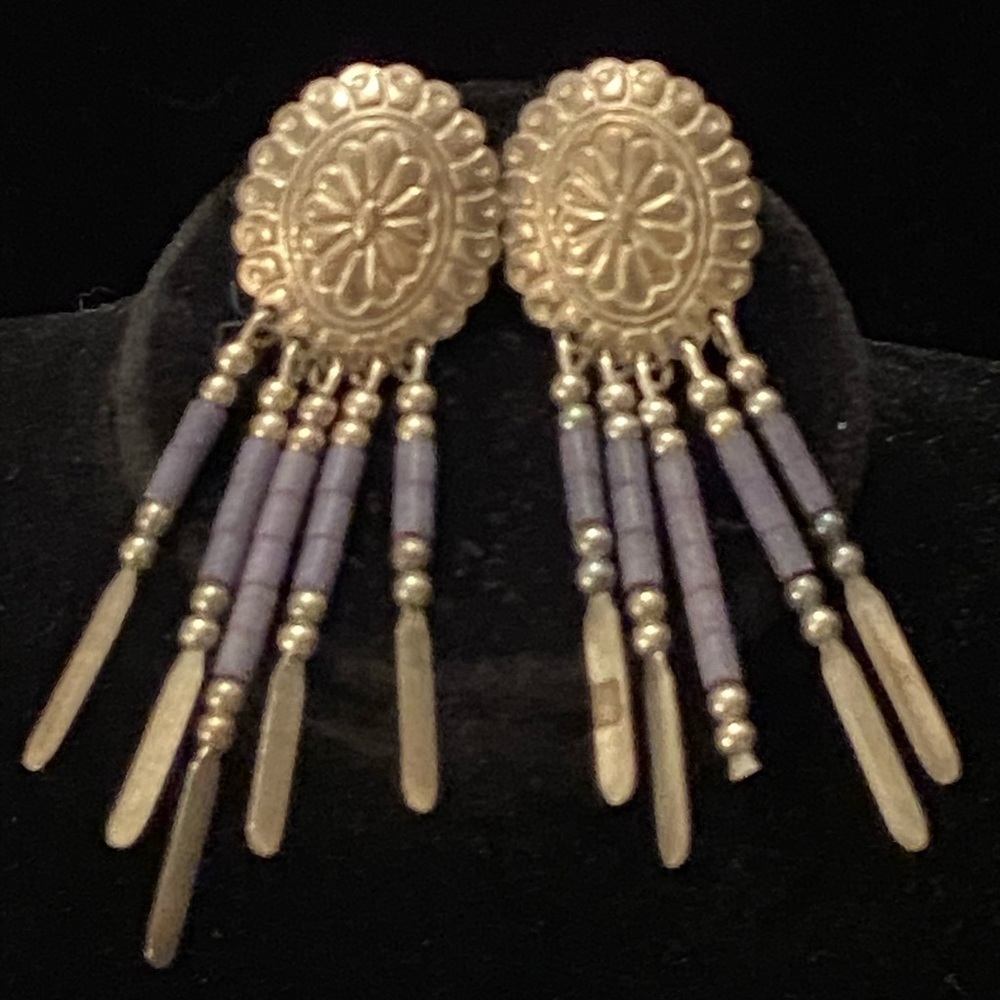 Q.T Quoc Stone & Sterling Silver Concho Dangle Navajo Earrings Southwest